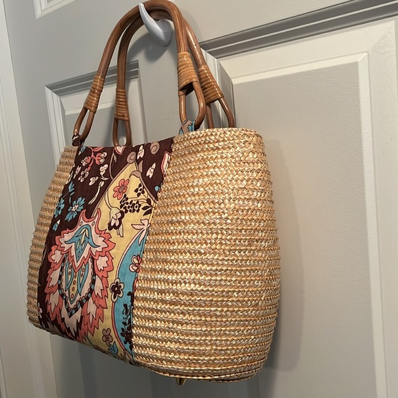 Ann Taylor Loft Woven Handbag with Bamboo Handles - Picture 2 of 9